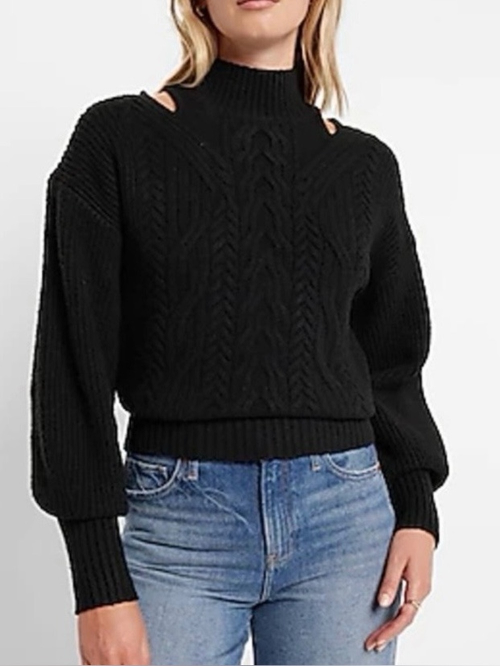 EXPRESS Black Oversized Cozy Cable Knit Cutout Turtleneck Sweater